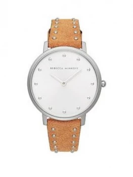 Image of Rebecca Minkoff Rebecca Minkoff White and Silver Detail Dial Brown Studded Leather Strap Ladies Watch, One Colour, Women