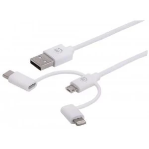 Image of Manhattan USB-A to Lightning Micro-USB and USB-C cable 3-in-1 1m Male to Male MFi Certified (Apple approval program) 480 Mbps (USB 2.0) Hi-Speed USB W