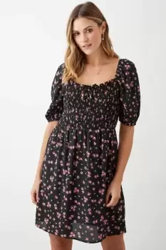 Image of Black Floral Shirred Mini Dress