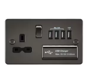 Image of KnightsBridge Flat plate 13A switched socket with quad USB charger - gunmetal with Black insert