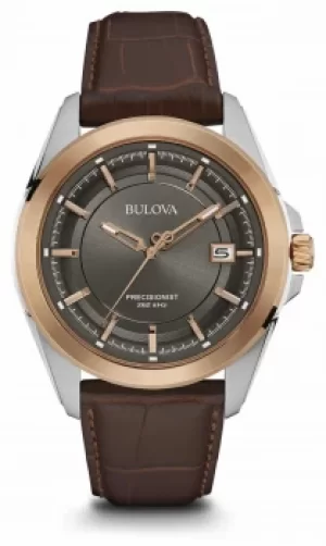 Image of Bulova Mens Brown Strap Grey Dial Rose Gold Case 98B267 Watch