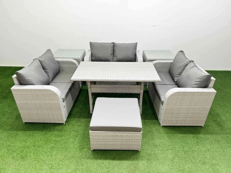 Image of Fimous 7 Seater PE Wicker Rattan Furniture Sofa Sets with Rectangular Dining Table 2 Seater Love Sofa Big Footstool 2 Side Table Light Grey Light Grey