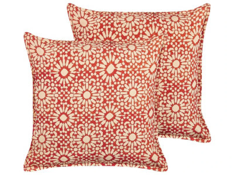 Image of Beliani Set Of 2 Decorative Cushions Ceiba Cotton 45 X 45cm Red Geometric Pattern