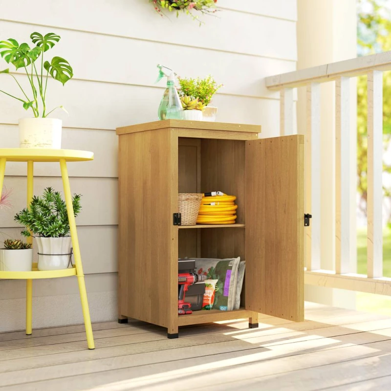 Image of OUTSUNNY Wooden Garden Shed, Garden Tool Storage Shed with Shelf Brown in Light Brown Light Brown Unisex