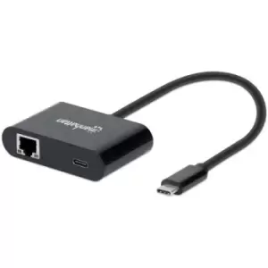 Image of Manhattan USB-C to Gigabit Network and USB-C (inc Power Delivery) 19.5cm Black Ethernet RJ45 10/100/1000 Mbps Power Delivery to USB-C Port (60W) Equiv