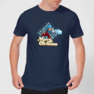 Image of Nintendo Super Mario Mario Snowball Christmas Navy T-Shirt - S - Navy