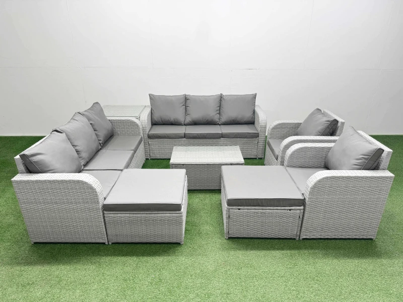 Image of Fimous PE Rattan High Back Lounge Sofa Set Patio Coffee Table & Chairs Set with 3 Seater Sofa Reclining Chair 2 Big Footstool Side Table Light Grey Li