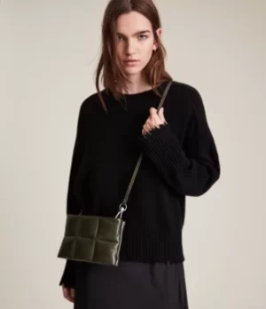 Image of AllSaints Womens Mila Leather Quilted Pouch Bag, Dusky Khaki