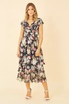 Image of Navy Floral Tiered Midi Dress