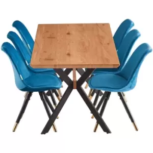 Image of 7 Pieces Life Interiors Sofia Blaze Dining Set - an Extendable Oak Rectangular Wooden Dining Table and Set of 6 Blue Dining Chairs - Blue
