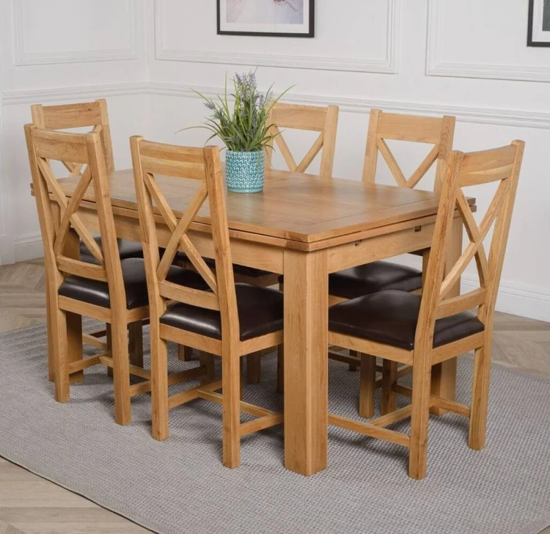 Image of Thats Furniture Richmond 140-220cm Oak Extending Dining Table & 6 Berkeley Leather Chairs in Brown Brown Unisex