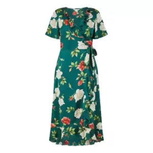 Image of Yumi Green Satin Rose Print Wrap Dress - Green