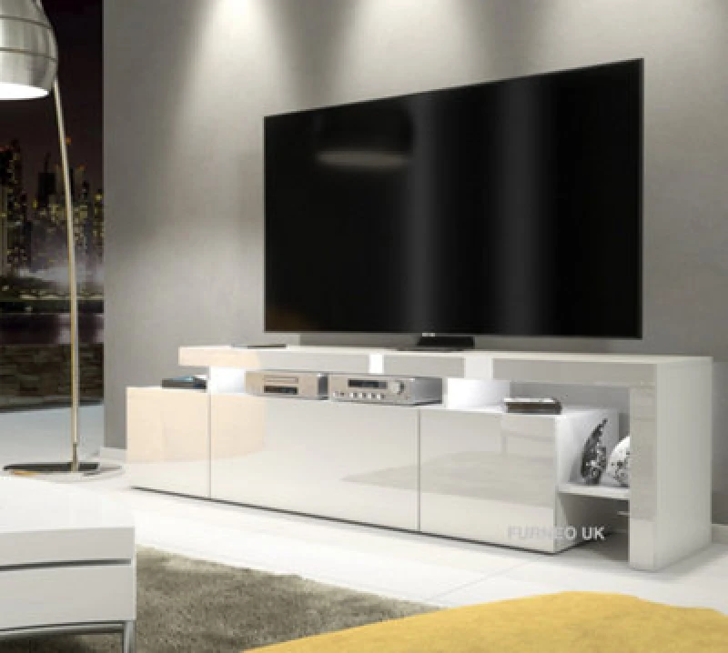 Image of Furneo White TV Stand 186Cm Unit Matt & High Gloss Indisio 01 White LED Lights