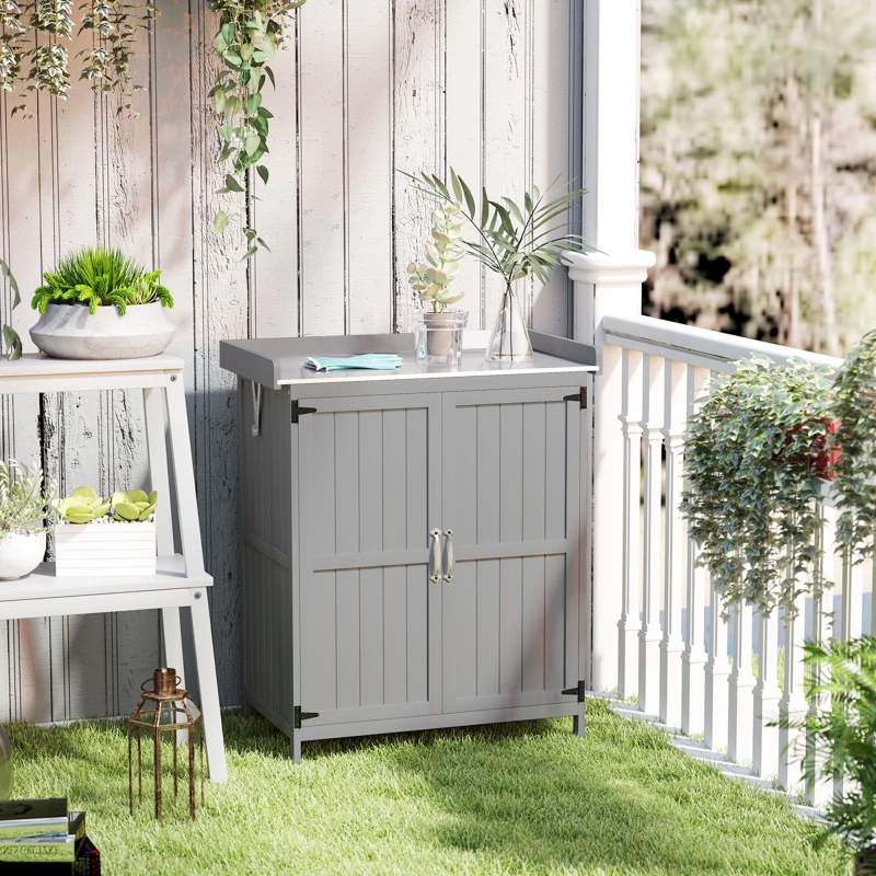 Image of OUTSUNNY Wooden Garden Storage Shed w/Hinged Roof & Shelf, Grey Grey Unisex