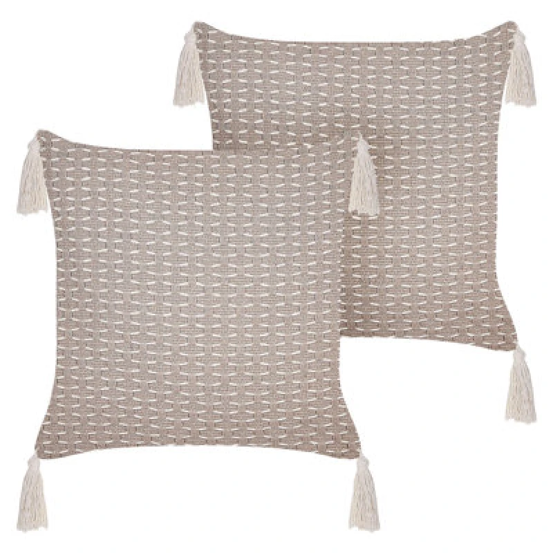 Image of Beliani Set Of 2 Decorative Cushions Hakone 42 X 42cm Taupe Geometric Pattern