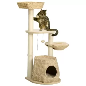 Image of PawHut Cat Tree Tower, Climbing Activity Centre, Kitten Furniture w/ Cattail, Bed, House, Sisal Post, Hanging Ball, Natural Tone