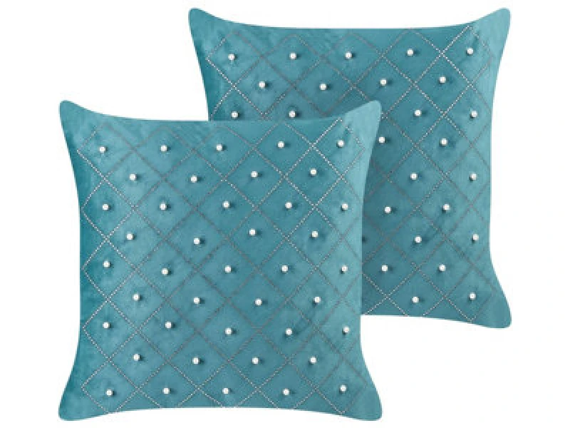 Image of Beliani Set Of 2 Decorative Cushions Yarrow Velvet 45 X 45cm Teal Geometric Pattern