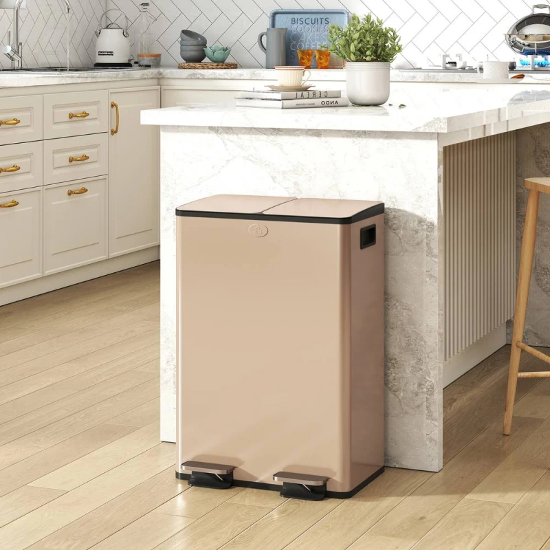 Image of HOMCOM 2 x 28L Dual Kitchen Bin Pedal Bin for Recycling & Waste, Gold Tone Size: Large Gold Unisex Large