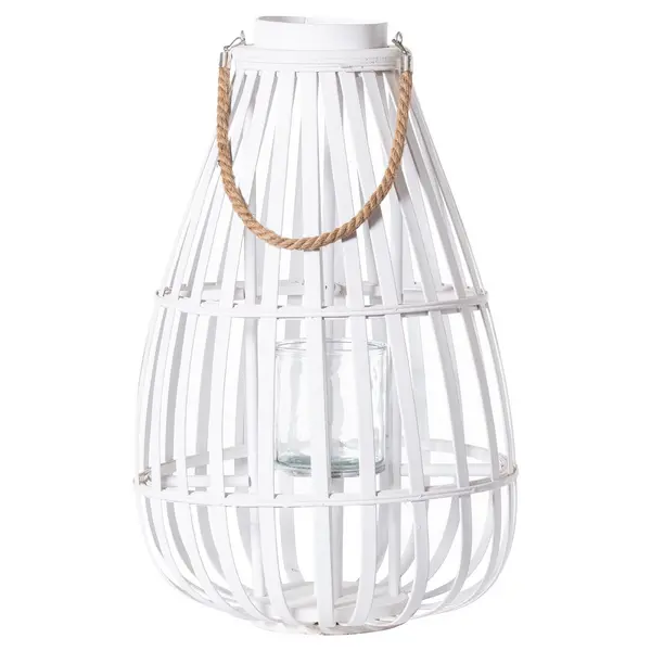 Image of Hill White Floor Standing Domed Wicker Lantern With Rope Detail HI-21422