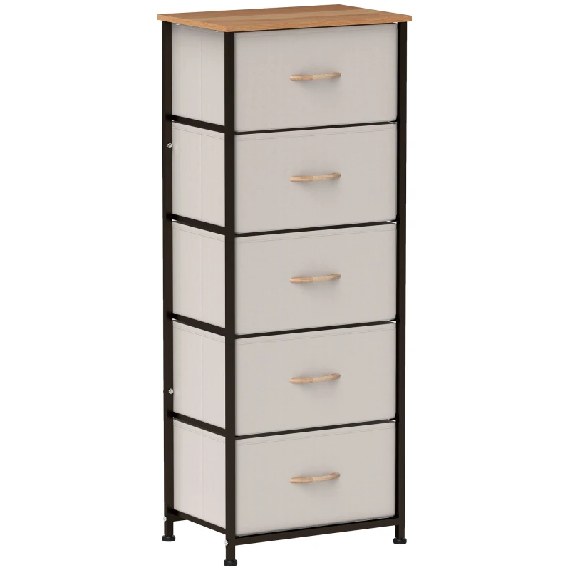 Image of HOMCOM 5 Drawer Fabric Chest of Drawers w/ Wooden Top for Hallway Cream Cream