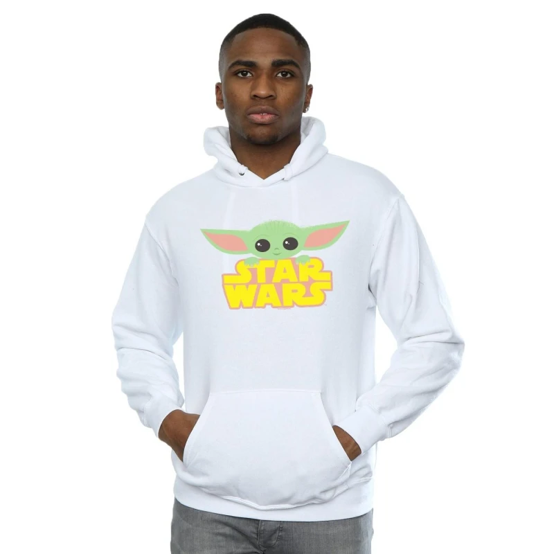 Image of Star Wars Star Wars Men The Mandalorian The Child And Logo Hoodie in White Size: Small White S Male 5059400816624