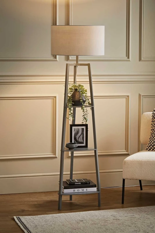 Image of ValueLights Hiru Grey 3 Tier Wooden Shelf Floor Lamp With Large Grey Shade Black