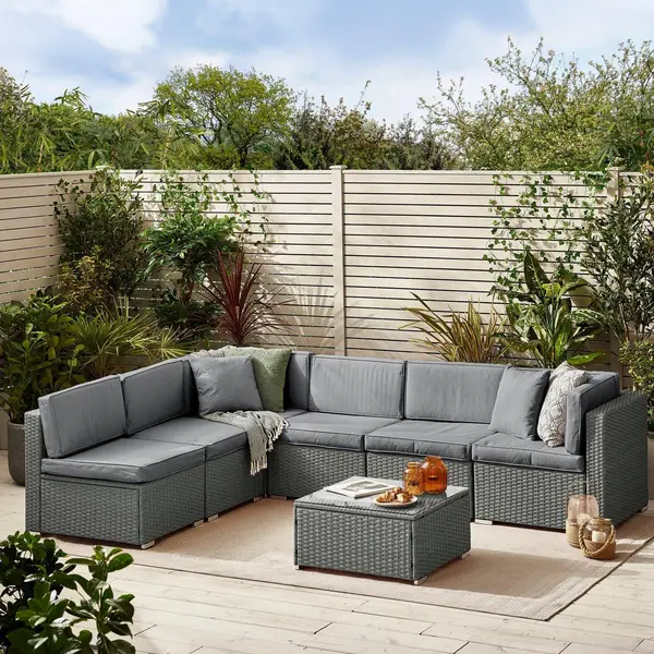 Image of FurnitureboxUK ORLANDO Black 6 Seater PE Rattan Outdoor Garden Modular Sofa Set with Glass Topped Coffee Table and Grey Cushions Grey