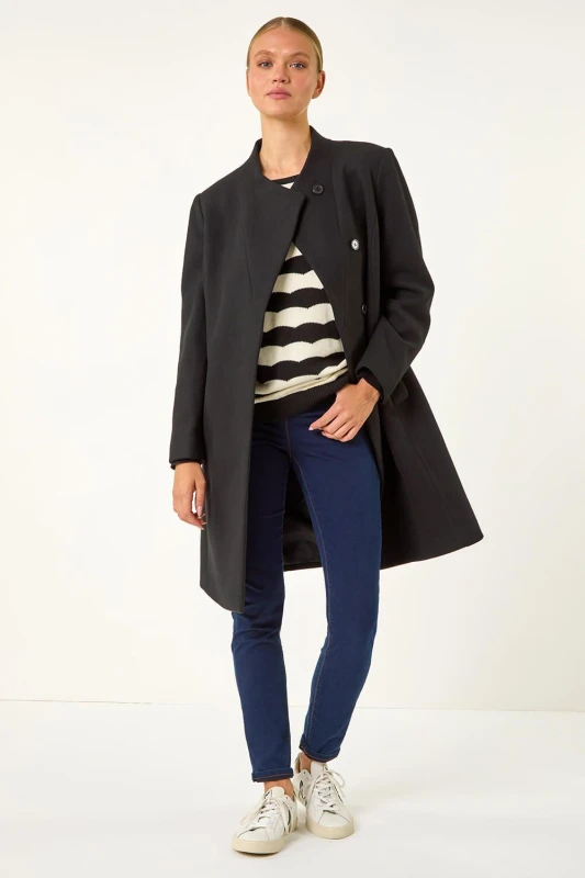 Image of Roman Womens Tailored Funnel Neck Pocket Detail Coat in Black Size: 16 Black Female 16