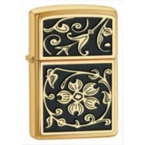 Image of Zippo Gold Floral Flush Emblem Brushed Brass Windproof Lighter