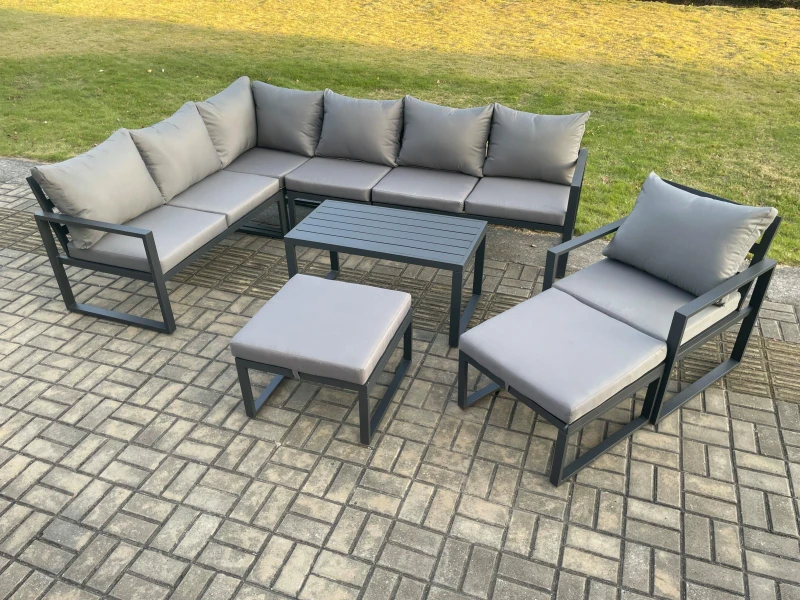 Image of Fimous Aluminum 9 Seater Outdoor Lounge Corner Sofa Set Garden Furniture Sets with Oblong Coffee Table Chair 2 Big Footstool Dark Grey Dark Grey Unise