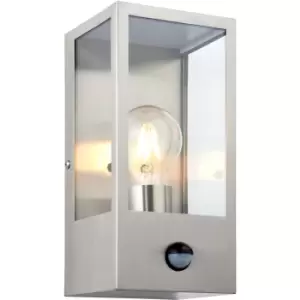 Image of Outdoor Glass Box Style Wall Light with PIR - 28W Eco GLS LED - Brushed Steel