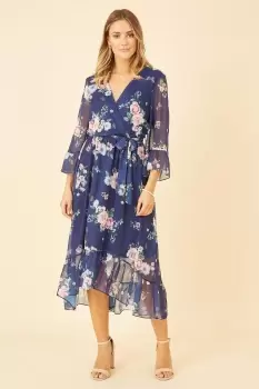 Image of Navy Floral Wrap Dress With Dipped Hem