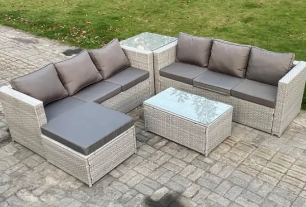 Image of Fimous 6 Seater Outdoor Light Grey Rattan Lounge Complete Sofa Set with 2 Coffee Tables and Big Footstool