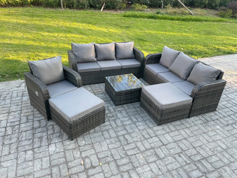 Image of Fimous 9 Seater Outdoor Rattan Garden Furniture Set Conservatory Patio Sofa Coffee Table With 2 Big Footstool Dark Grey Mixed Dark Grey