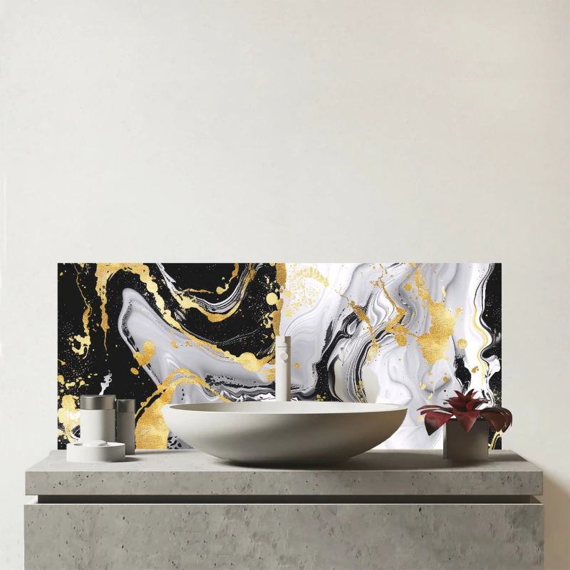 Image of Warren Reed - Designer White & Black Marble Effect Glass Bathroom Splashback in Gold Gold Unisex