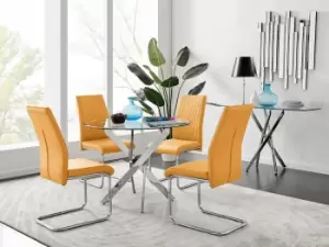 Image of Novara Clear Tempered Glass 100cm Round Dining Table with Chrome Starburst Legs & 4 Lorenzo Faux Leather Chairs