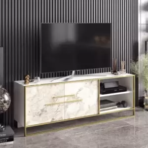 Image of Decorotika Polka 160 Cm Wide TV Stand, TV Unit With Two Doors, TV Console With Metal Frame, TV Cabinet With Open Shelves And Two Cabinets - White
