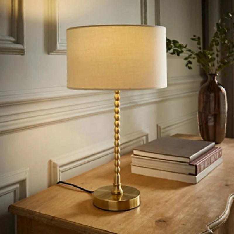 Image of ValueLights ValueLights Maeve Fabric Drum Lamp Shade Brushed Gold Bobbin Bobble Table Lamp in Natural Natural One Size Unisex 5059406065149