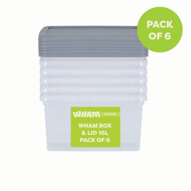 Image of 6 X Wham Box 16L Stackable Plastic Storage Box & Lid Clear/steel