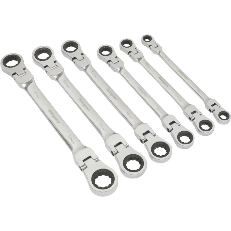 Image of Loops 6pc Flexible Head Double Ended Ratchet Ring Spanner Set - 12 Point Metric Wrench Multi