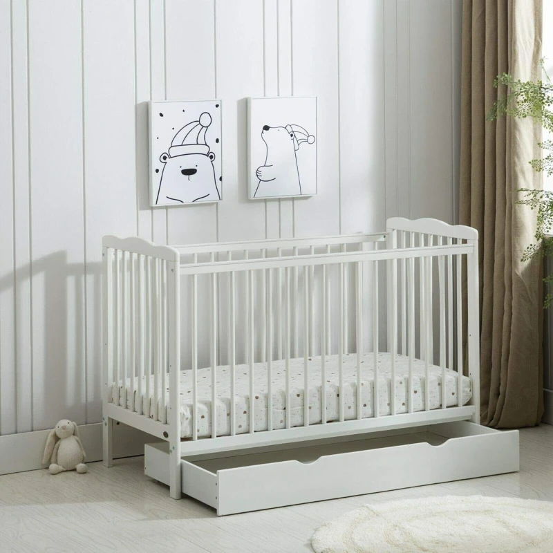 Image of MCC Direct Wooden Baby Cot Bed Crib With Mattress and Drawer Brooklyn White