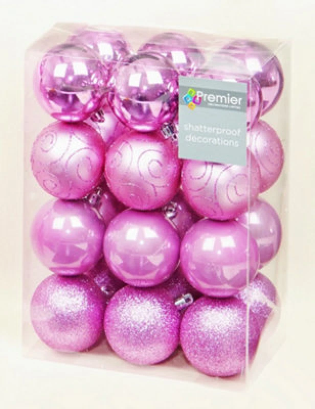Image of Premier 24 Pack Shatter-proof Christmas Baubles Multi-Finish - Pink TD126241DUP