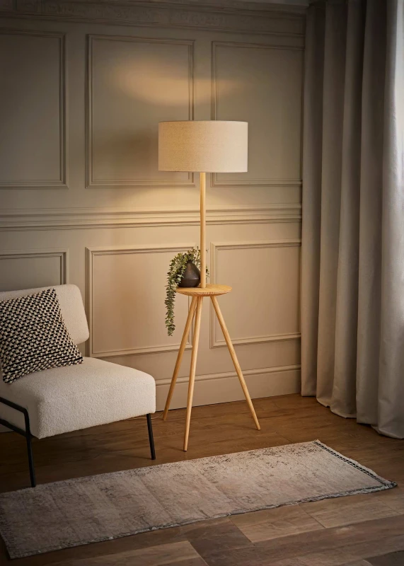 Image of ValueLights ValueLights Desmond Side Table Tripod Floor Lamp with Linen Lamp Shade and Bulb in Natural Natural One Size Unisex 5059406069222