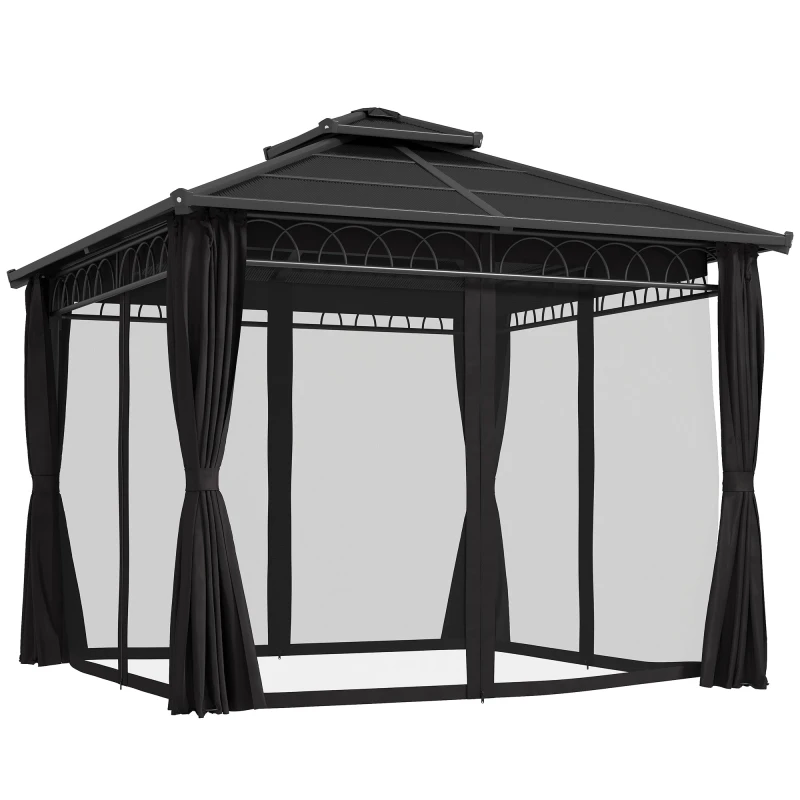 Image of Outsunny Double Roof Hard Top Gazebo with Nettings & Curtains Dark Grey