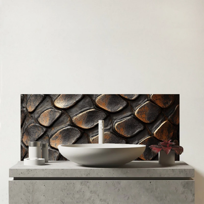 Image of Warren Reed - Designer Snakeskin Pattern Print Glass Bathroom Splashback in Brown Brown Unisex