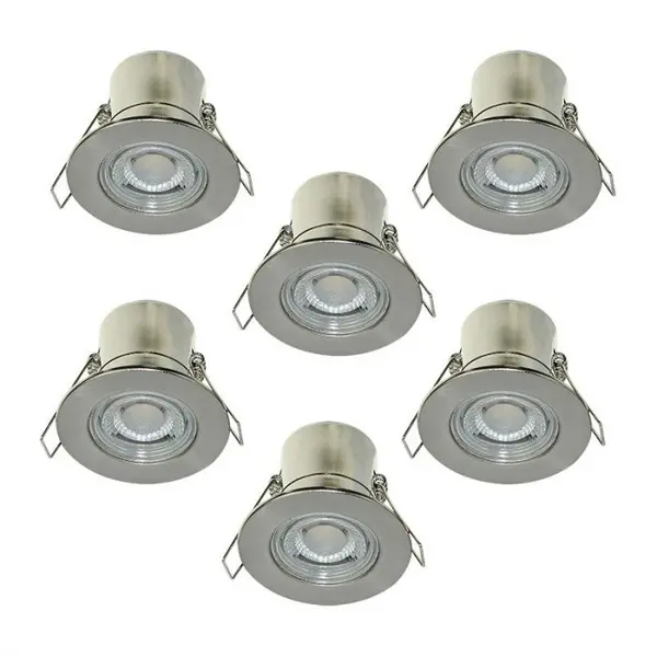 Image of Luceco Luceco F-Eco 5W Cool White Dimmable LED Fire Rated Fixed Downlight - Brushed Steel - Pack of 6