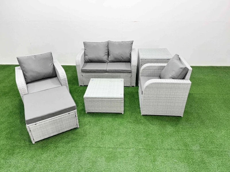 Image of Fimous Light Grey PE Wicker Rattan Garden Furniture Set Sofa Set Reclining Adjustable Chair Square Coffee Table 5 Seater With Footstool Side Table Lig