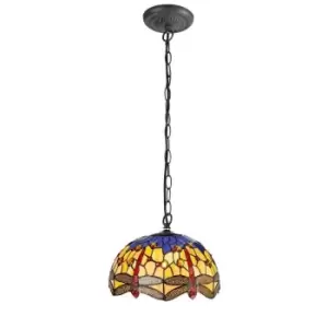 Image of 1 Light Downlighter Ceiling Pendant E27 With 30cm Tiffany Shade, Blue, Orange, Crystal, Aged Antique Brass - Luminosa Lighting