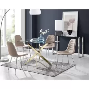 Image of Furniturebox Leonardo 120cm Modern Glass And Gold Metal Leg Dining Table And 4 Cappuccino Beige Corona Faux Leather Dining Chairs with Silver Legs