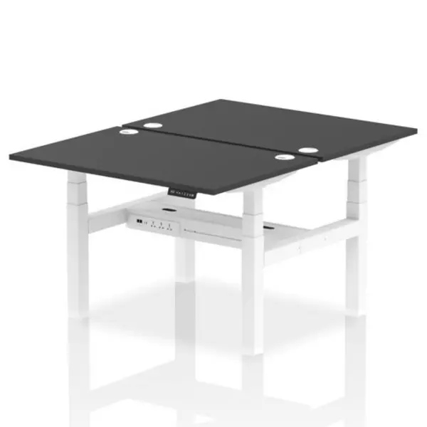 Image of Air Air Back-to-Back 1200 x 800mm Height Adjustable 2 Person Bench Desk Black Top with Cable Ports White Frame HASCP2P12800BLKW